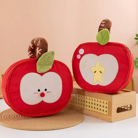 Fashion Creative Red Apple Shaped Handheld Makeup Bag Large Capacity Plush Storage Pouch Cute Embroidered Coin Purse Phone Bag For Women Kids