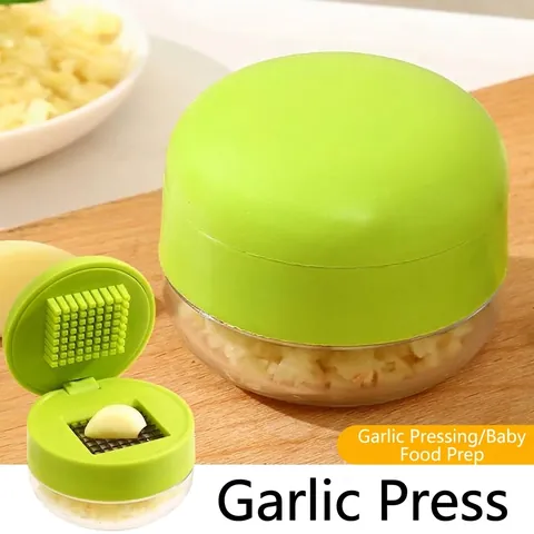 Manual Press Garlic Chopper Stainless Steel Vegetable Mincer For Kitchen Home Use Green Garlic Crusher With Container