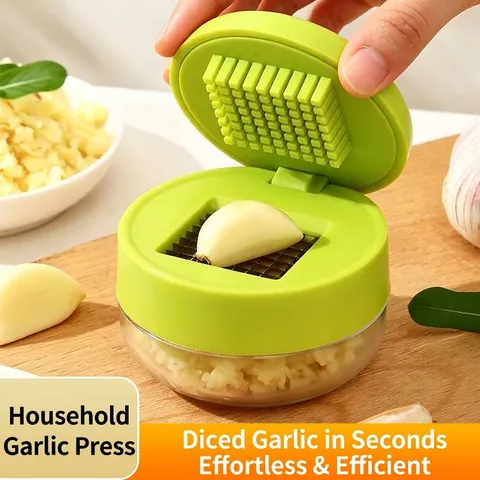 Manual Press Garlic Chopper Stainless Steel Vegetable Mincer For Kitchen Home Use Green Garlic Crusher With Container