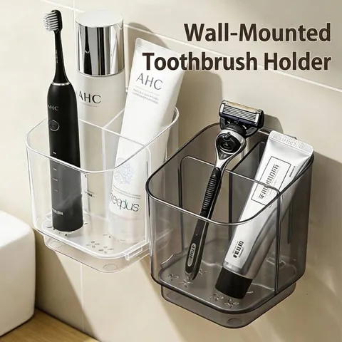 Wall Mounted Toothbrush Holder PET Plastic No Drill Bathroom Storage Rack Divided Organizer With Drain Tray Modern Vanity Shelf