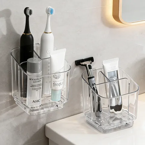 Wall Mounted PET Toothbrush Holder With Compartments And Drainage Minimalist No-Drill Bathroom Storage Organizer For Electric Toothbrush Toothpaste Razor