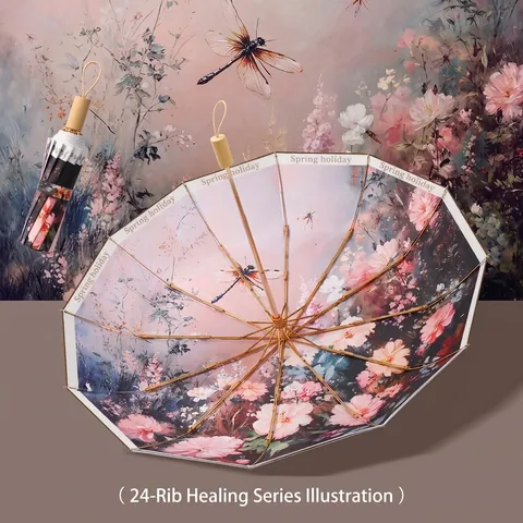 Double Layer Sun Umbrella Vintage Floral Pattern Folding Parasol Wood Handle For Women Outdoor Travel Dual Use Rain Sun