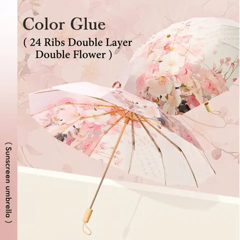 Double Layer Sun Umbrella Vintage Floral Pattern Folding Parasol Wood Handle For Women Outdoor Travel Dual Use Rain Sun