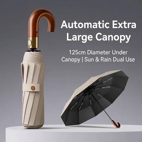 20 Ribs Automatic Oversized Folding Umbrella Solid Wood J-Handle Windproof Large 125cm Sun Rain Travel Umbrella Business Style UPF 50 Plus Black Vinyl Coating
