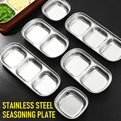 Korean Style Stainless Steel Sauce Dish Multi Compartment Dipping Sauce Plate For BBQ Hotpot Polished Silver Seasoning Tray Sauce Bowl