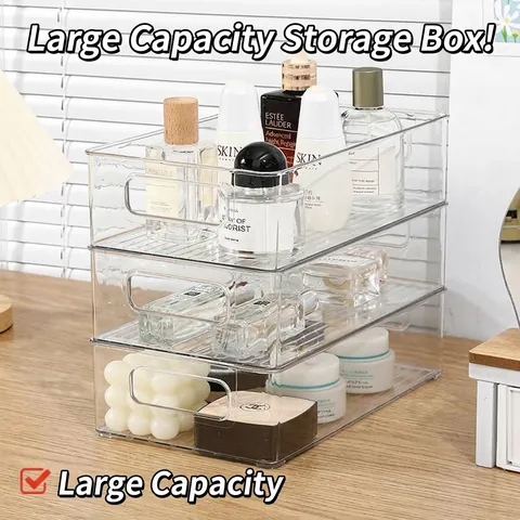 Caja de Almacenamiento de Escritorio de Acrílico PET Transparente Apilable Con Asas para Maquillaje Cosméticos Papelería Hogar Oficina