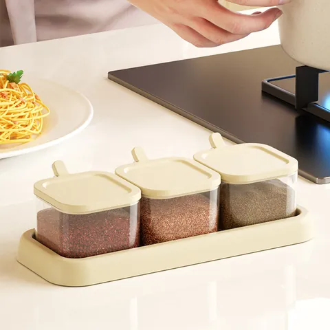 Minimalist Transparent Seasoning Box Set With Press Lids Spoons And Base Kitchen Spice Jars Storage Containers For Salt