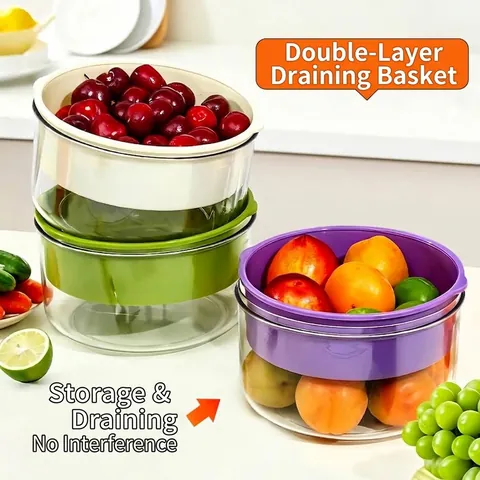 Double Layer Vegetable Washing Basin Drain Basket Set Household Fruit Bowl Thickened Kitchen Transparent Plastic Strainer