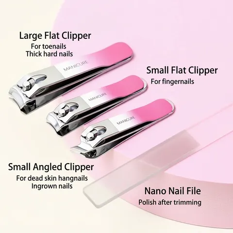 Gradient Pink Stainless Steel Nail Clipper Professional Manicure Pedicure Tool Home Travel Grooming Kit With Leather Pouch