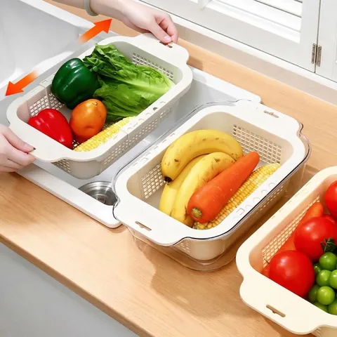 Cesta de Drenaje de Cocina Extensible de Doble Capa Colador de Fregadero de Plástico Lavabo para Lavar Frutas y Verduras Escurridor de Hogar