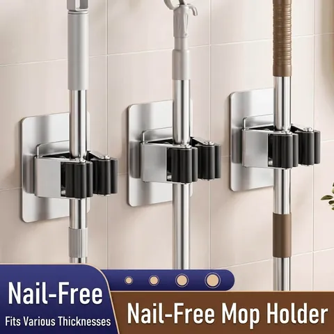 Nail-Free Stainless Steel Mop Holder Wall Mounted Broom Organizer Rack With Hook Heavy Duty Adhesive Storage Hook For Bathroom Kitchen