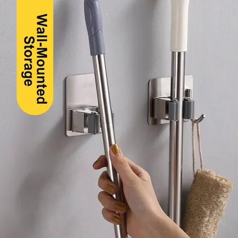 Nail-Free Stainless Steel Mop Holder Wall Mounted Broom Organizer Rack With Hook Heavy Duty Adhesive Storage Hook For Bathroom Kitchen