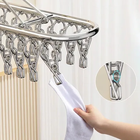 Stainless Steel Multi-Clip Socks Drying Rack Windproof 360 Degree Rotatable Hanger For Underwear Towels Home Balcony Organizer