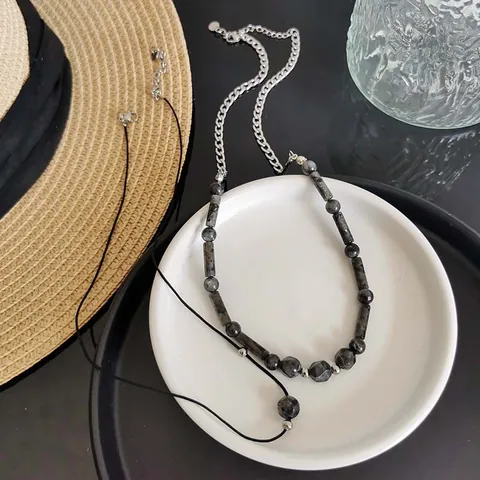 Collana di Perline in Pietra Naturale in Nuovo Stile Cinese Collare Geometrico in Acciaio al Titanio Fatto a Mano Gioielli Unisex
