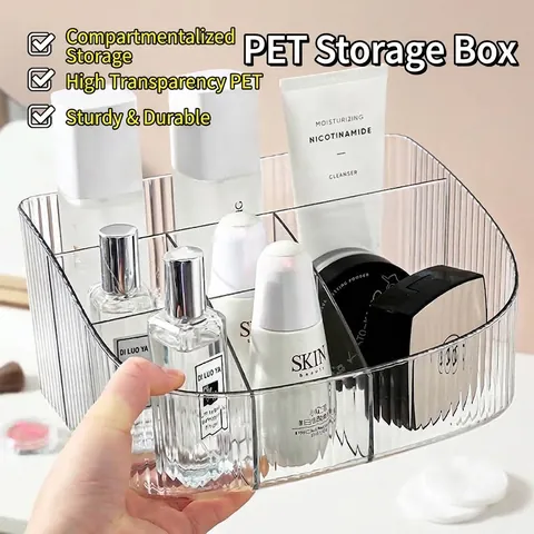 Light Luxury PET Cosmetic Storage Box Desktop Makeup Organizer Transparent Multi-grid Skincare Lipstick Display Case Vanity Tray
