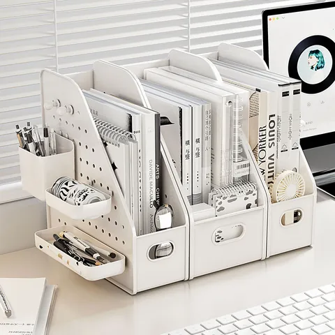 Modern White Desktop Storage Box With Perforated Board Slanted File Organizer For Student Bookshelf Office Document Holder Modular DIY Desk Organizer