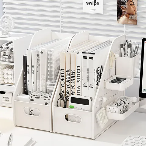 Modern White Desktop Storage Box With Perforated Board Slanted File Organizer For Student Bookshelf Office Document Holder Modular DIY Desk Organizer