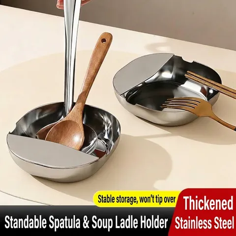 Stainless Steel Spoon Rest Spatula Holder For Kitchen Countertop Heat Resistant Polished Utensil Ladle Rest Organizer Silver