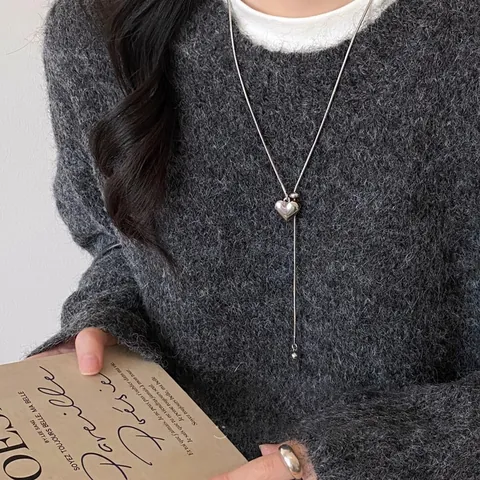 Minimalistische Titanstahl Herz Anhänger Halskette Verstellbare Lange Pullover Kette Künstliche Perle Tigerauge Stein Schmuck Damen