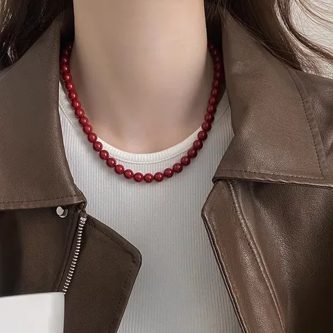 Ancora Rote Künstliche Perlenkette Für Damen Retro Hongkong Stil Sycee Verschluss Elegante Choker Pullover Kette Schmuck