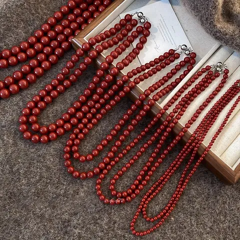 Ancora Rote Künstliche Perlenkette Für Damen Retro Hongkong Stil Sycee Verschluss Elegante Choker Pullover Kette Schmuck