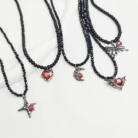 Dark Gothic Künstliche Kristall Perlenkette Für Damen Vintage Legierung Strass Herz Schmetterling Mond Anhänger Schlüsselbeinkette Schmuck