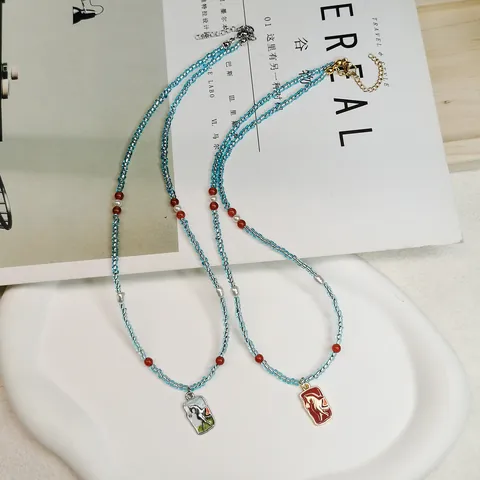 Neue Chinesische Handgefertigte Perlenkette Vintage Luxus Emaille Pferd Anhänger Blaue Kristallperlen Künstliche Perle Halskette
