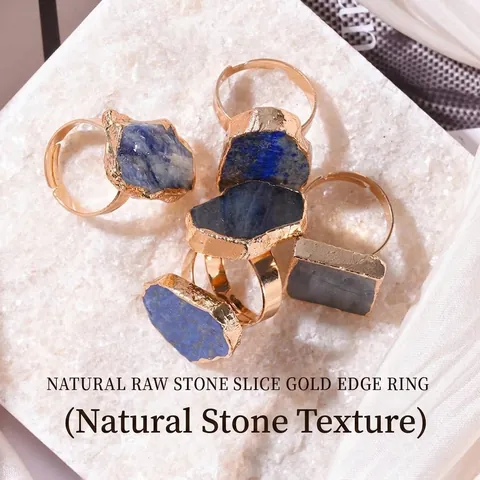 Natürlicher Rohstein Offener Ring Vergoldeter Rand Unregelmäßiger Achat Kristall Quarz Verstellbarer Statement Ring Schmuck für Damen