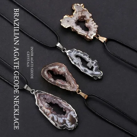Natural Brazil Agate Geode Slice Pendant Necklace Electroplated Metal Edge Irregular Raw Druzy Stone Retro Jewelry For Women Men