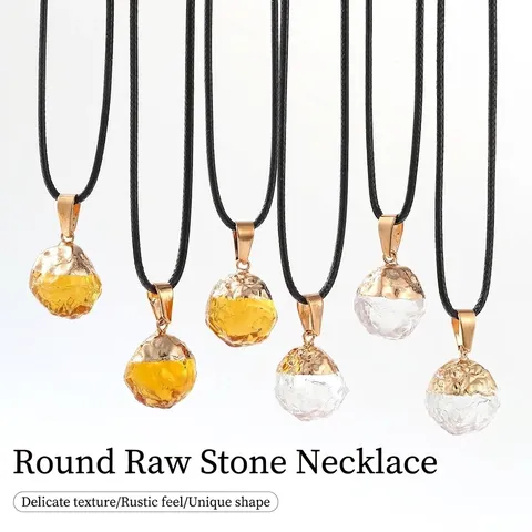 Vintage Naturkristall Rohedelstein Anhänger Halskette Gold Plattiert Geometrisch Rund Quadratisch Quarz Anhänger Mit Schwarzem Wachsseil Für Damen Herren Täglich Schmuck