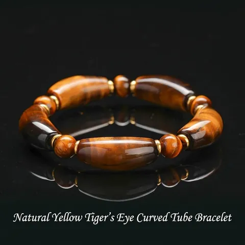 Natural Yellow Tiger Eye Gold Obsidian Curved Tube Bracelet With Copper Spacers Unisex Healing Crystal Stone Stretch Bracelet
