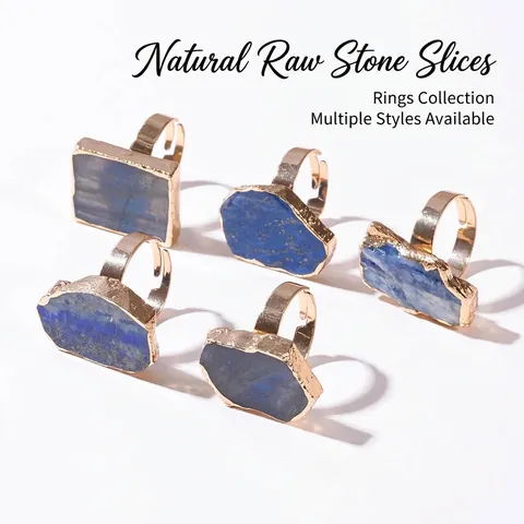 Natürlicher Rohstein Offener Ring Vergoldeter Rand Unregelmäßiger Achat Kristall Quarz Verstellbarer Statement Ring Schmuck für Damen