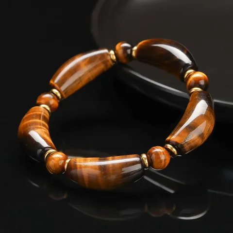Natural Yellow Tiger Eye Gold Obsidian Curved Tube Bracelet With Copper Spacers Unisex Healing Crystal Stone Stretch Bracelet