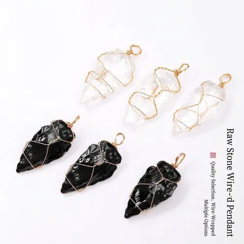 Handmade Wire Wrapped White Crystal Obsidian Spear Pendant Retro Dagger Raw Stone Necklaces DIY Jewelry Making Accessory For Women Men
