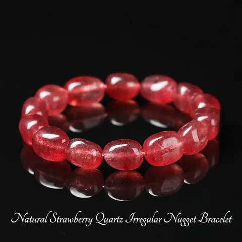 Pulsera de Cristal de Cuarzo Fresa Natural Cuentas de Piedra Rodada Irregulares Hechas a Mano Curación Reiki Gema Pulsera Elástica para Mujer Niña Joyería de Moda