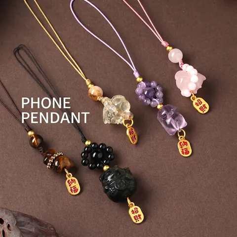 Ciondolo per Cellulare Gatto della Fortuna in Cristallo Naturale Nuovo Stile Cinese Ametista Ossidiana Occhio di Tigre Pixiu Portachiavi Pendente per Borsa Gioielli Stile Nazionale Regalo Donna Uomo