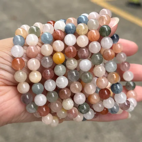 Handmade Natural Colorful Rabbit Hair Crystal Bracelet For Women Multicolor Rutilated Quartz Round Bead Fashion Jewelry