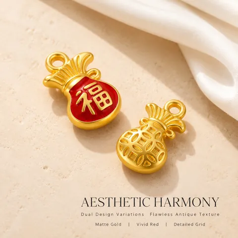 Vintage Matte Gold Plated Alloy Lucky Bag Pendant Red Enamel Fu Character Charm For DIY Jewelry Making Traditional Chinese Style