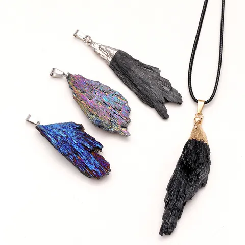 Collier Pendentif en Pierre Brute de Tourmaline Noire Naturelle en Forme de Plume Rétro Vieilli Électroplaqué Bijoux en Pierre pour Unisexe