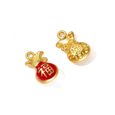 Vintage Matte Gold Plated Alloy Lucky Bag Pendant Red Enamel Fu Character Charm For DIY Jewelry Making Traditional Chinese Style
