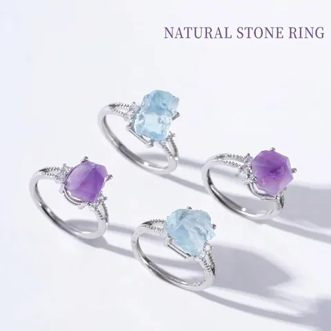 Natural Amethyst Aquamarine Raw Stone Ring 925 Sterling Silver Open Adjustable Ring With Rhinestone For Women Fashion Jewelry