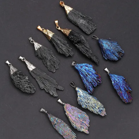 Natural Black Tourmaline Kyanite Feather Raw Stone Pendant Necklace Electroplated Rainbow Peacock Blue Vintage Jewelry For Women Men