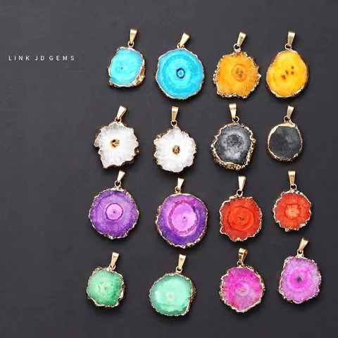 Natural Agate Druzy Sunflower Pendant Necklace Gold Plated Edge Irregular Geode Slice Agate Stone Jewelry Gift For Women