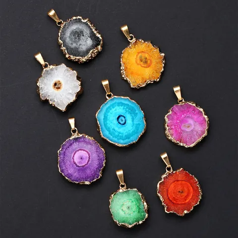 Natural Agate Druzy Sunflower Pendant Necklace Gold Plated Edge Irregular Geode Slice Agate Stone Jewelry Gift For Women