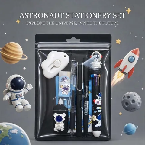 Astronaut Space Theme Stationery Set For Boys Student School Supplies With Pen Ruler Eraser Correction Tape Utility Knife Notebook Gift Bag
