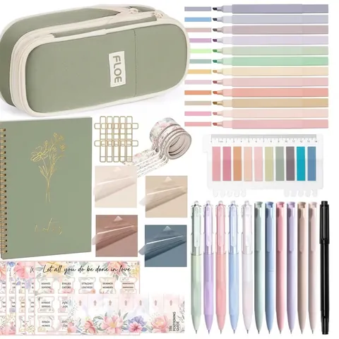 Aesthetic Morandi Stationery Set Large Capacity Canvas Pencil Case Gel Pens Highlighters Notebook Index Stickers For Students Office