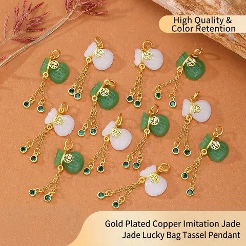 Colgante de Borla de Bolsa de la Fortuna de Cobre Chapado en Oro e Imitación de Jade Con Circonia para Pulsera DIY Joyería Hecha a Mano