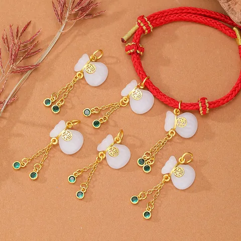 Colgante de Borla de Bolsa de la Fortuna de Cobre Chapado en Oro e Imitación de Jade Con Circonia para Pulsera DIY Joyería Hecha a Mano