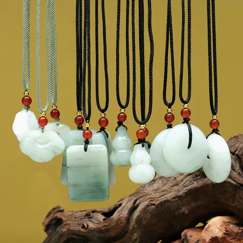 Natuurlijke Tianshan Groene Jade Hanger Ketting Voor Dames Heren Chinese Stijl Ping'an Knop Kalebas Ruyi Jade Steen Sieraden Cadeau