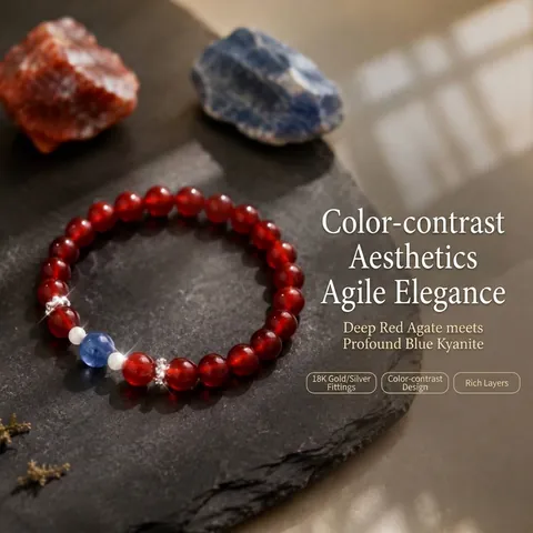 Natürliches Dunkelrotes Achat Kyanit Armband Für Damen Neu-Chinesischer Stil Handgefertigtes Edelstein Einstrang Perlenarmband Schmuck Geschenk